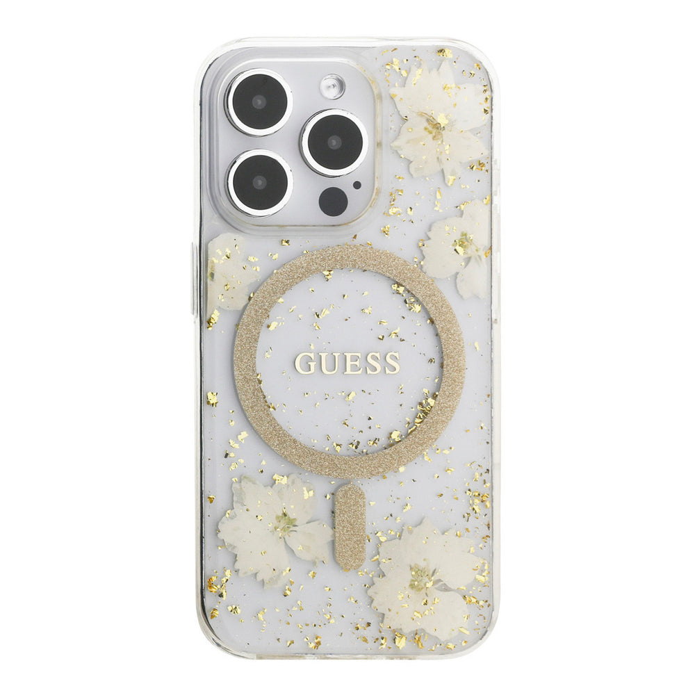 Transparant Guess telefoonhoesje met lichtgekleurde bloemen, glitters en ring, van achteren