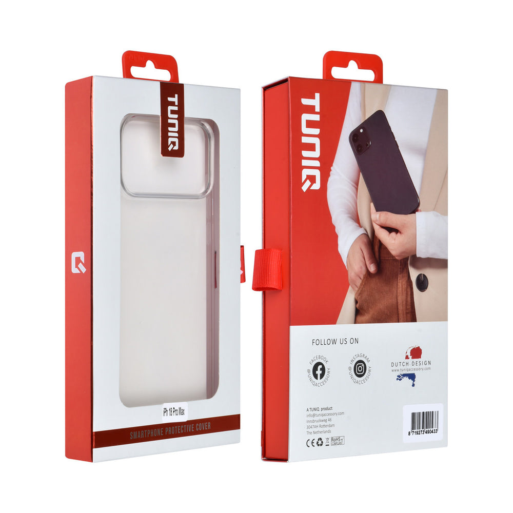Voor- en achterkant van verpakking van transparant TUNIQ telefoonhoesje