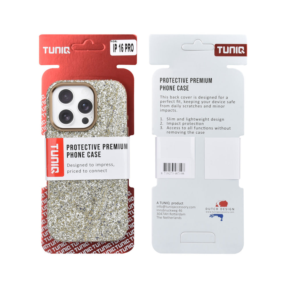 Voor- en achterkant van verpakking van tUNIQ telefoonhoesje met lichte glitters en goudkleurige rand