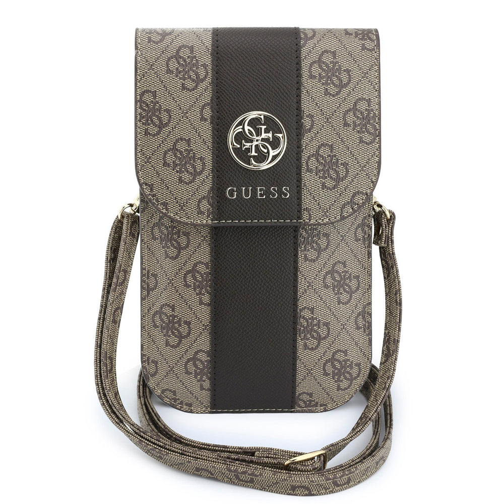 Bruine Guess telefoontas met 4G-patroon, klep en schouderriem