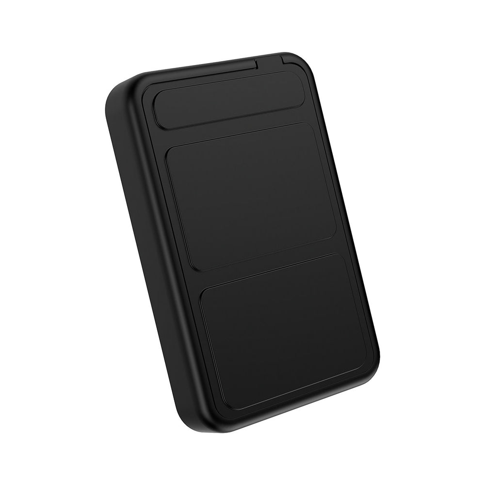 Achterkant van zwarte TUNIQ powerbank met ingeklapte standaard