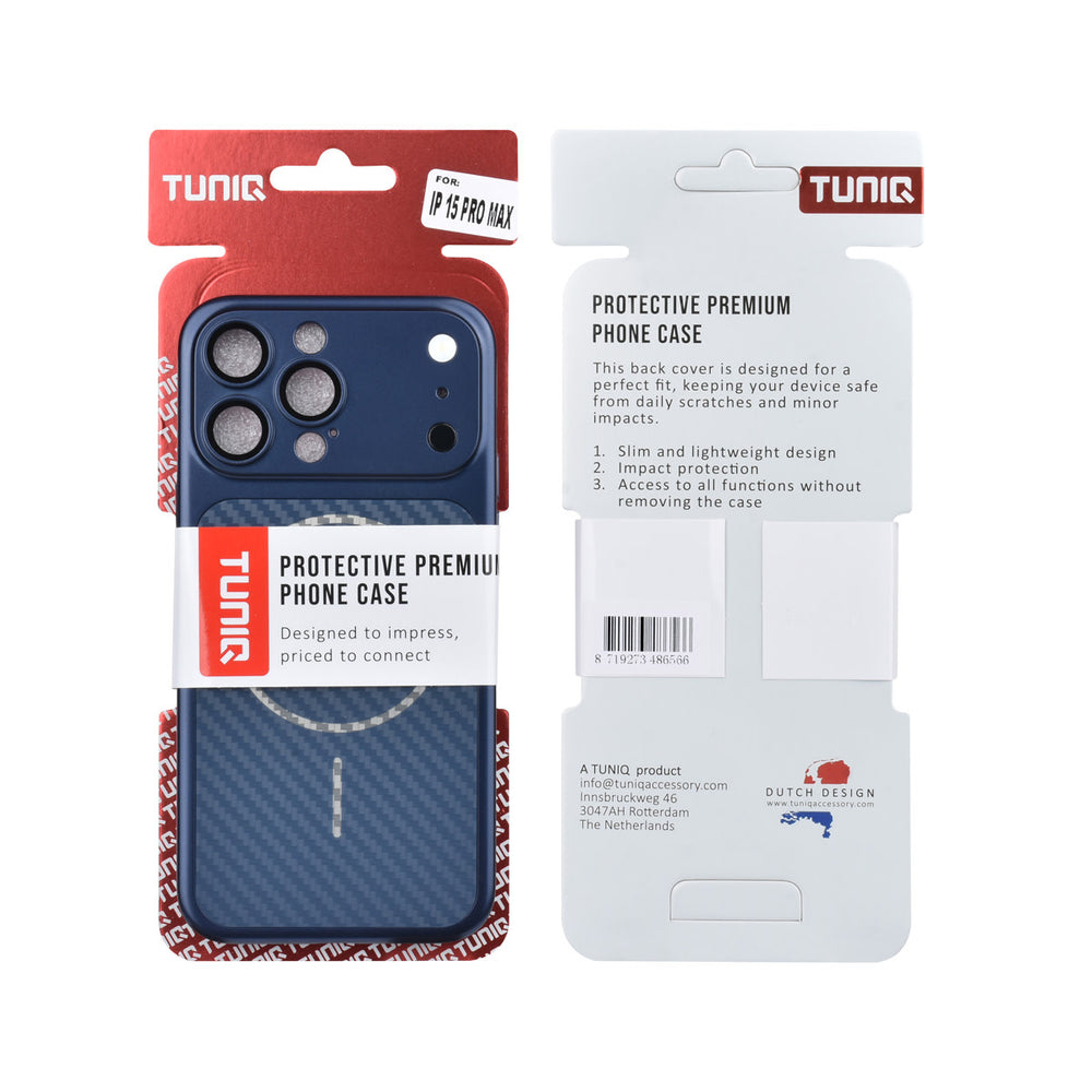Voor- en achterkant van verpakking van blauw TUNIQ telefoonhoesje met diagonaal patroon en ring