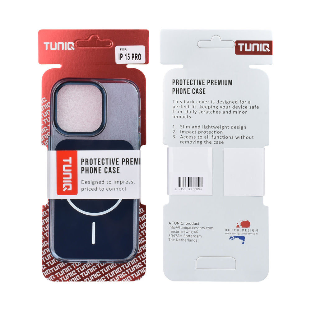 Voor- en achterkant van verpakking van blauw TUNIQ telefoonhoesje met witte ring