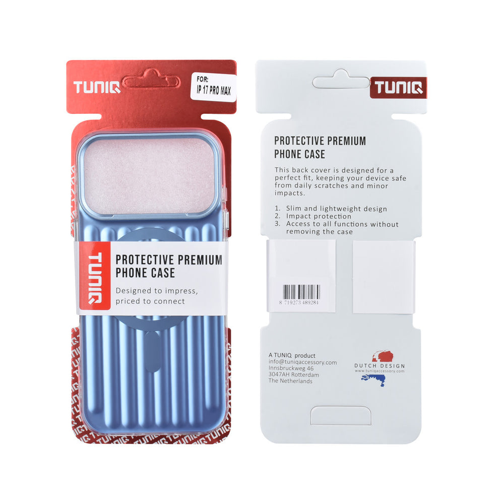 Voor- en achterkant van verpakking van blauw TUNIQ telefoonhoesje met verticale ribbels en ring