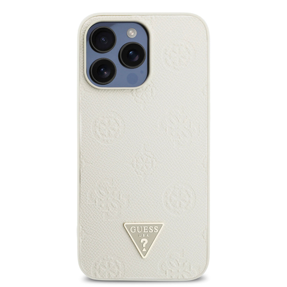 Beige Guess telefoonhoesje met bloemenpatroon en driehoekslogo, van achteren