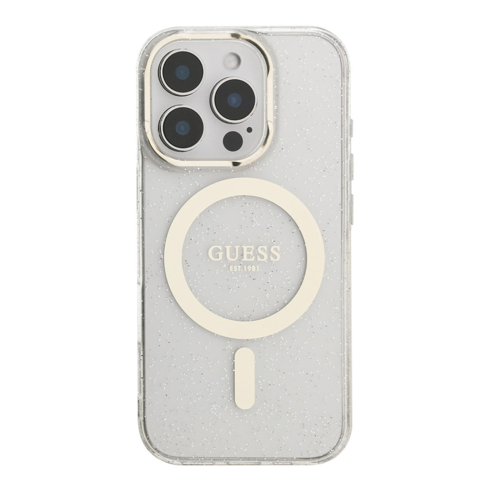 Transparant Guess telefoonhoesje met glitters en lichtgekleurde ring, van achteren