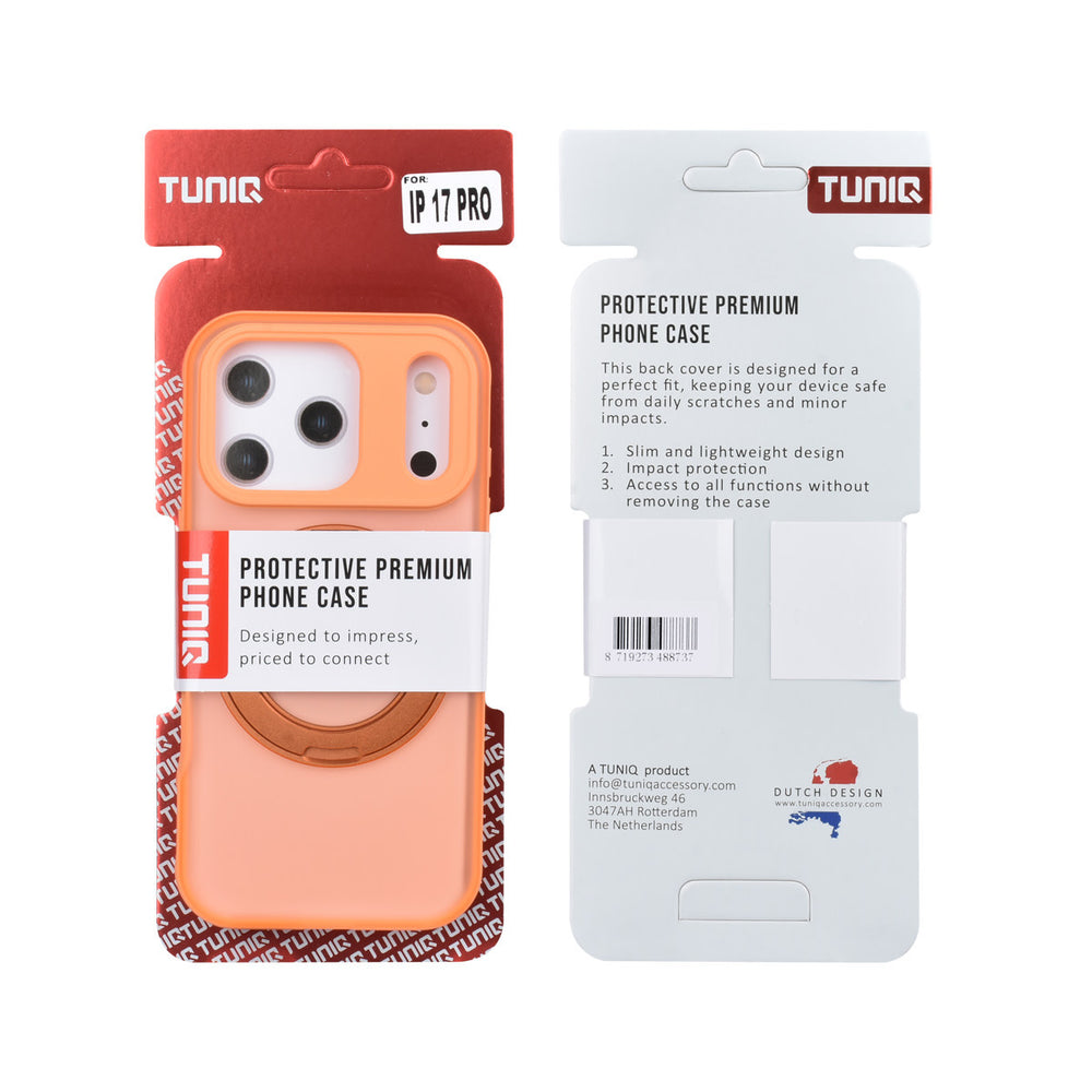 Voor- en achterkant van verpakking van oranje TUNIQ telefoonhoesje met glanzende ringstandaard