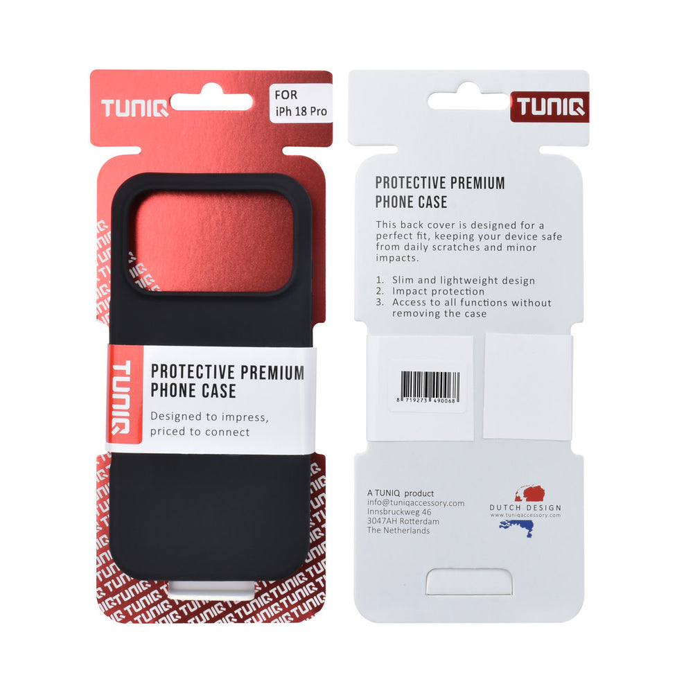 Voor- en achterkant van verpakking van zwart TUNIQ telefoonhoesje
