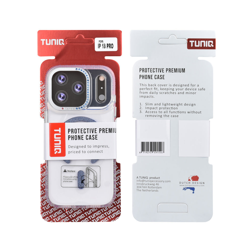 Voor- en achterkant van verpakking van transparant TUNIQ telefoonhoesje met blauwe glitters langs de rand en gebogen ring
