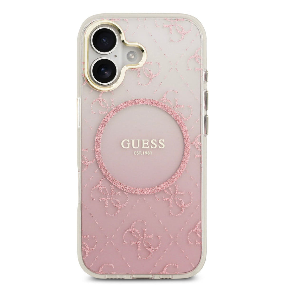 Roze Guess telefoonhoesje met kleurverloop, glitters en rond logo, van achteren