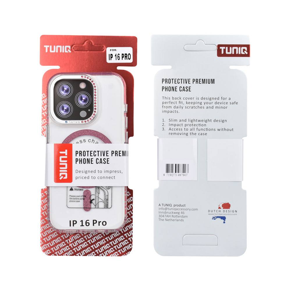 Voor- en achterkant van verpakking van transparant TUNIQ telefoonhoesje met roze glitterring en rand
