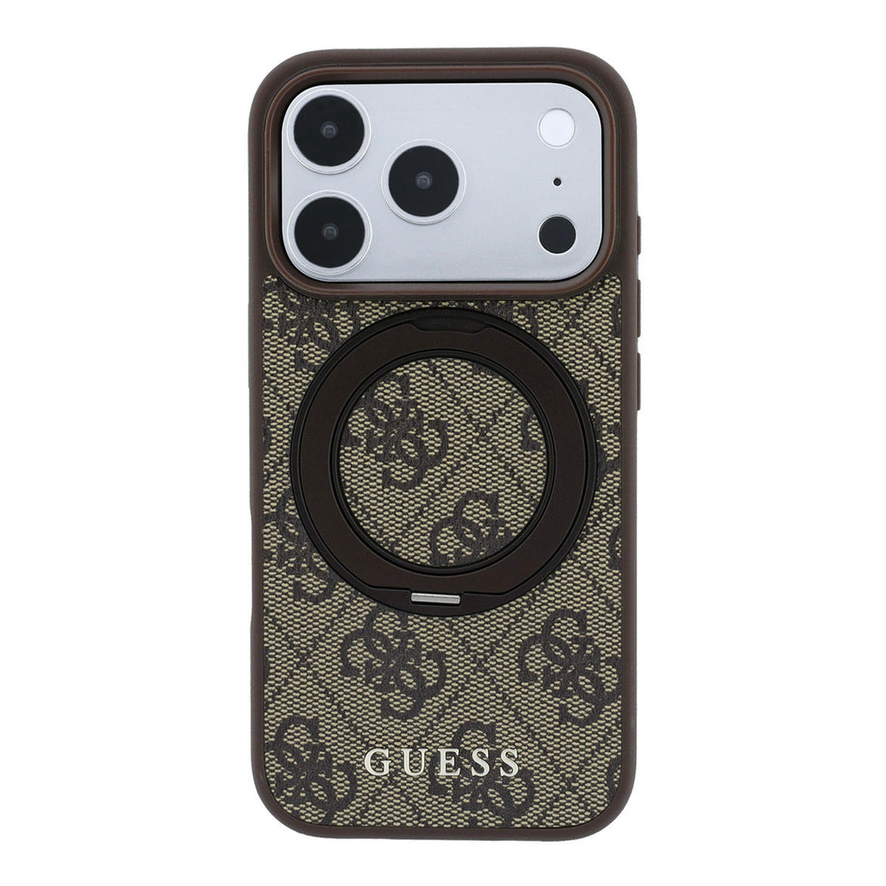 Bruin Guess telefoonhoesje met 4G-patroon met ingeklapte ringstandaard, van achteren