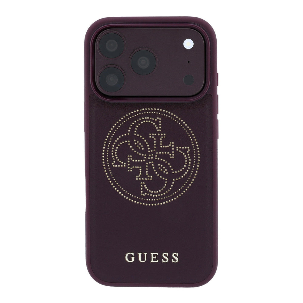 Bordeauxkleurig Guess telefoonhoesje met groot geperforeerd 4G-logo, van achteren