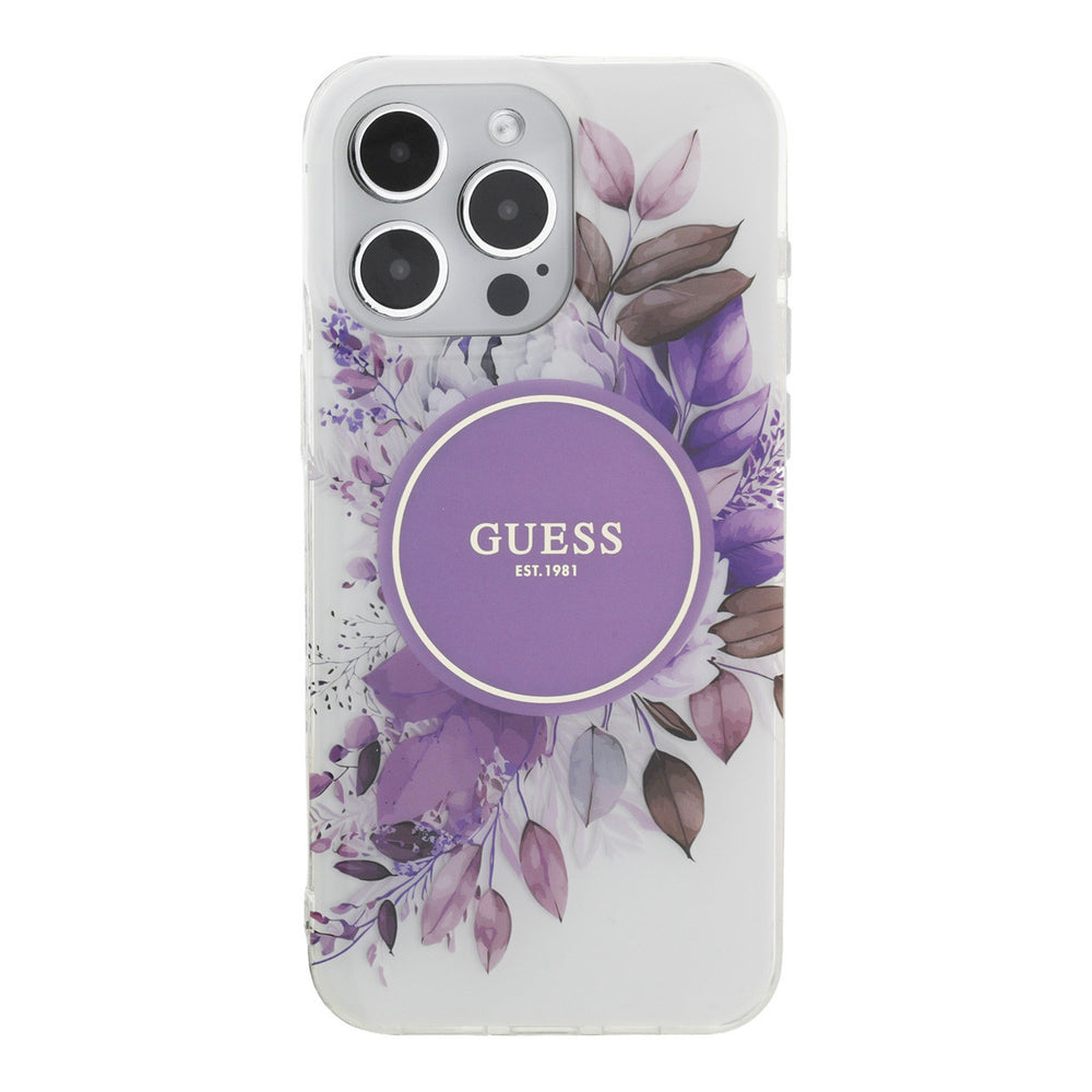 Guess telefoonhoesje met paarse bloemen en rond logo, van achteren