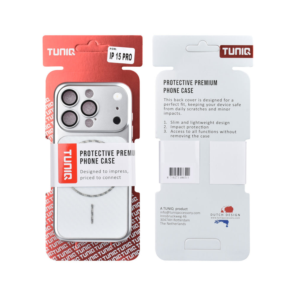 Voor- en achterkant van verpakking van zilverkleurig TUNIQ telefoonhoesje met diagonaal patroon en ring