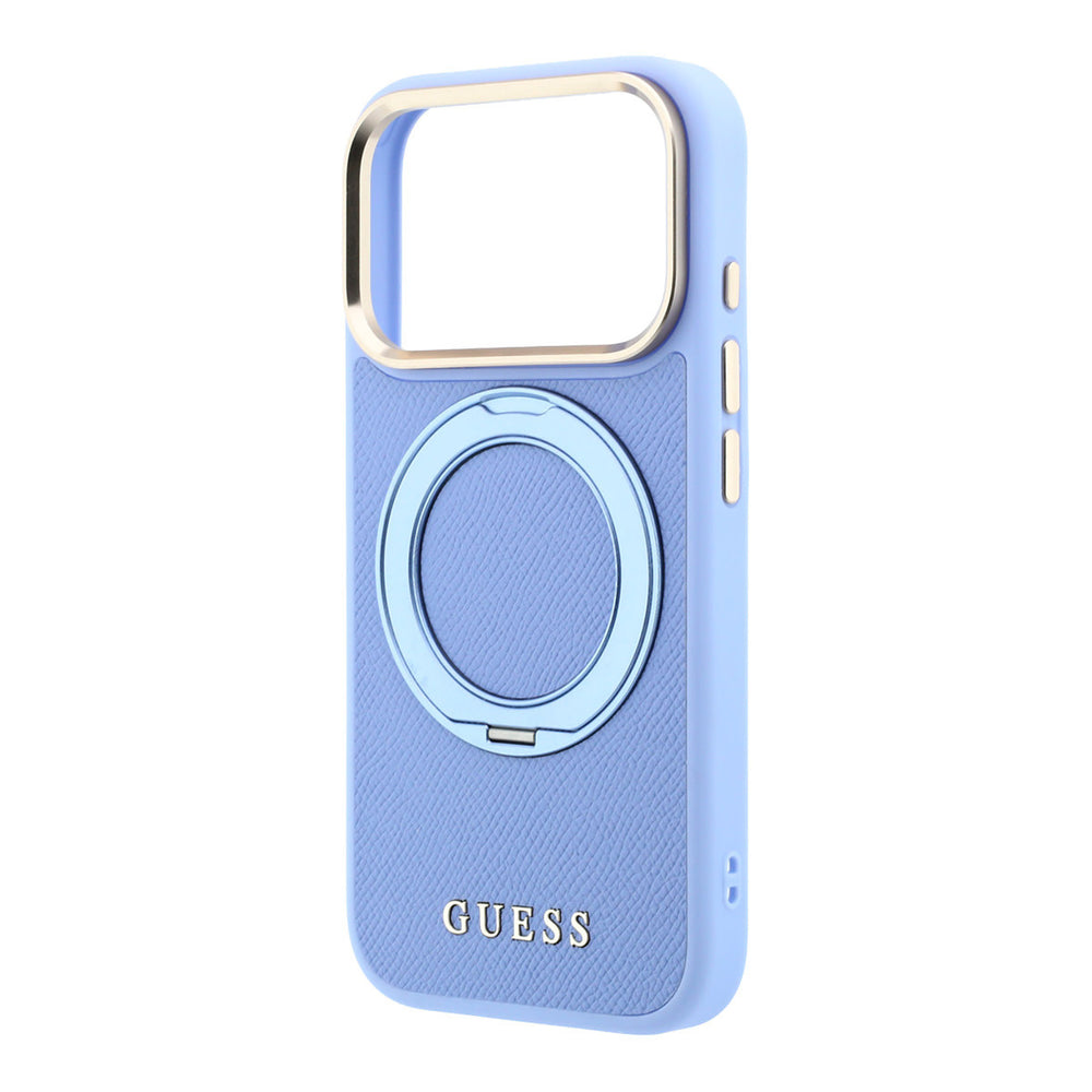 Leeg lichtblauw Guess telefoonhoesje met ingeklapte ringstandaard