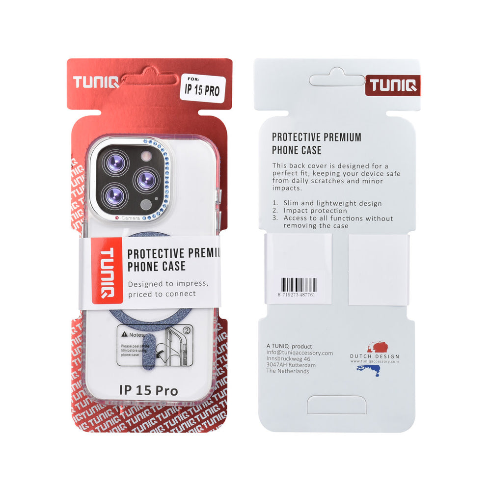 Voor- en achterkant van verpakking van transparant TUNIQ telefoonhoesje met blauwe glitterring en rand