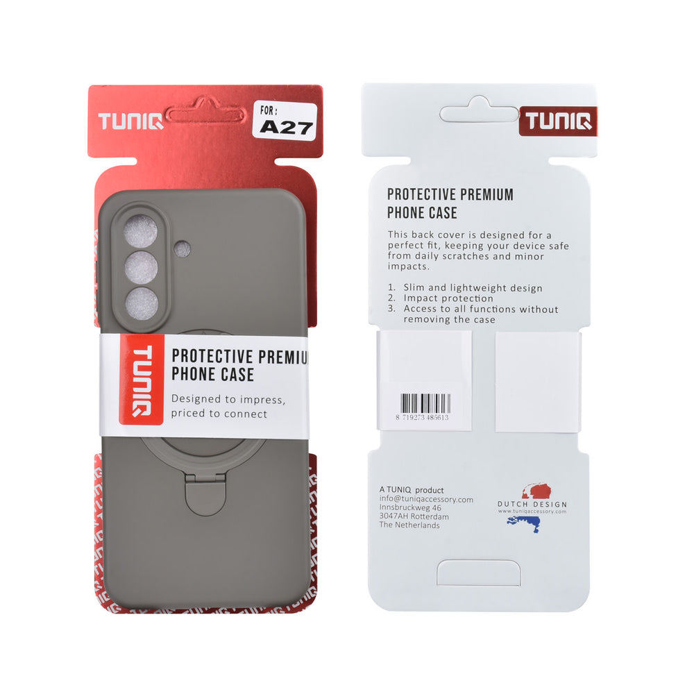 Voor- en achterkant van verpakking van grijs TUNIQ telefoonhoesje met ringstandaard