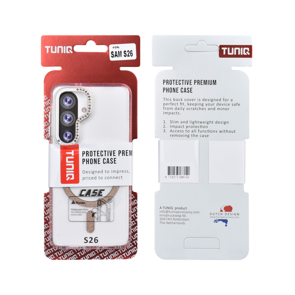 Voor- en achterkant van verpakking van transparant TUNIQ telefoonhoesje met goudkleurige glitterring en rand