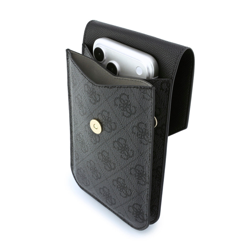Geopende zwarte Guess telefoontas met telefoon en drukknoop