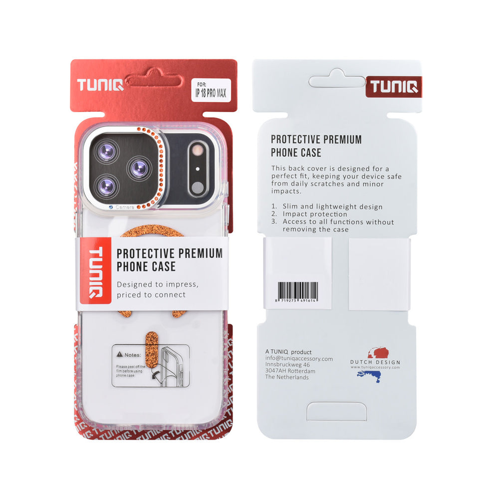 Voor- en achterkant van verpakking van transparant TUNIQ telefoonhoesje met oranje glitters langs de rand en gebogen ring