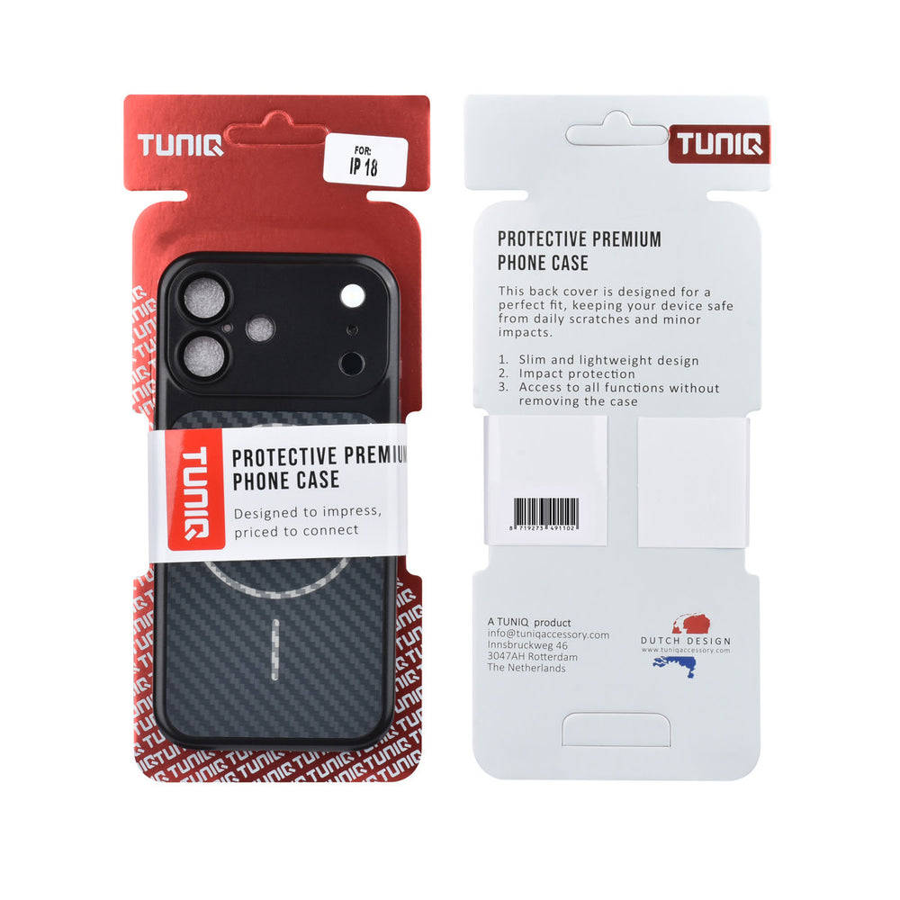 Voor- en achterkant van verpakking van zwart TUNIQ telefoonhoesje met diagonaal patroon en ring
