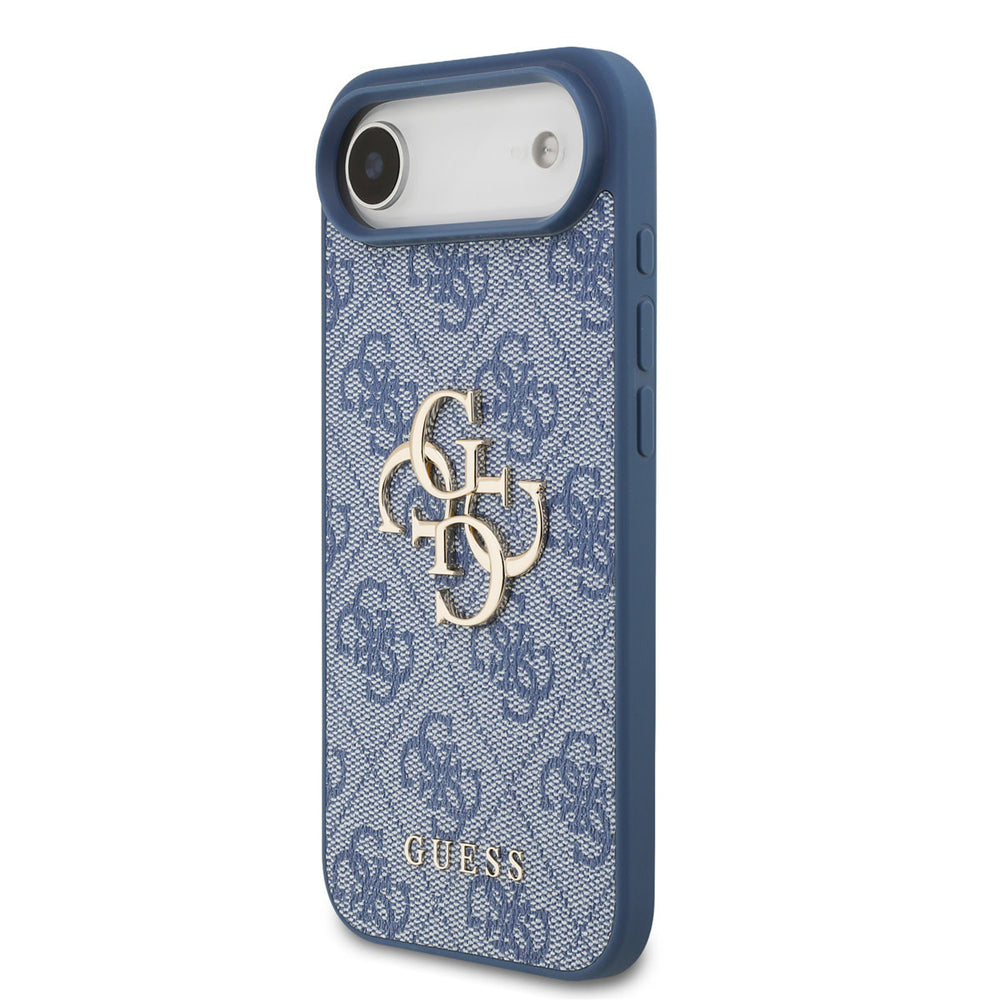 Blauw Guess telefoonhoesje met 4G-patroon en groot logo, schuin van achteren