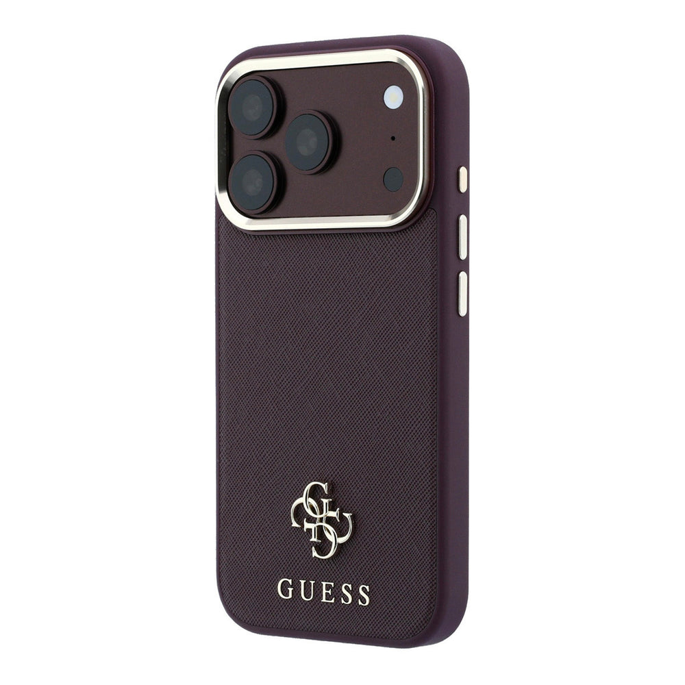 Bordeauxkleurig Guess telefoonhoesje met klein 4G-logo, vanaf de andere zijkant