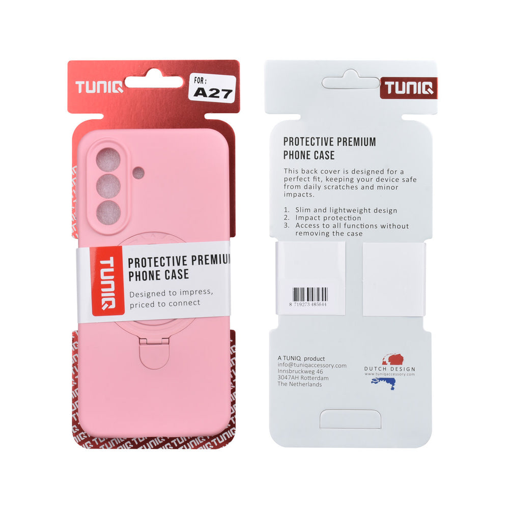 Voor- en achterkant van verpakking van roze TUNIQ telefoonhoesje met ringstandaard