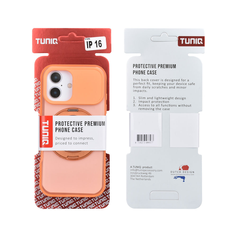 Voor- en achterkant van verpakking van oranje TUNIQ telefoonhoesje met glanzende ringstandaard