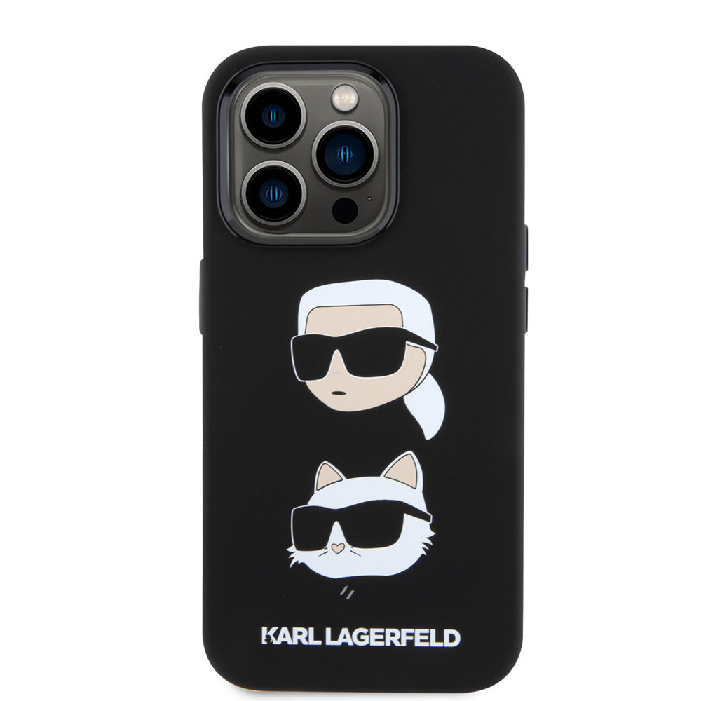 Zwart Karl Lagerfeld telefoonhoesje met hoofden van Karl en Choupette, van achteren