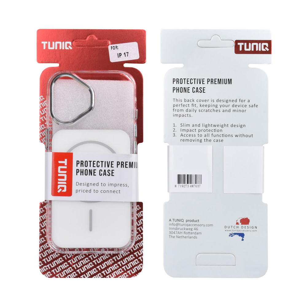 Voor- en achterkant van verpakking van wit TUNIQ telefoonhoesje met witte ring
