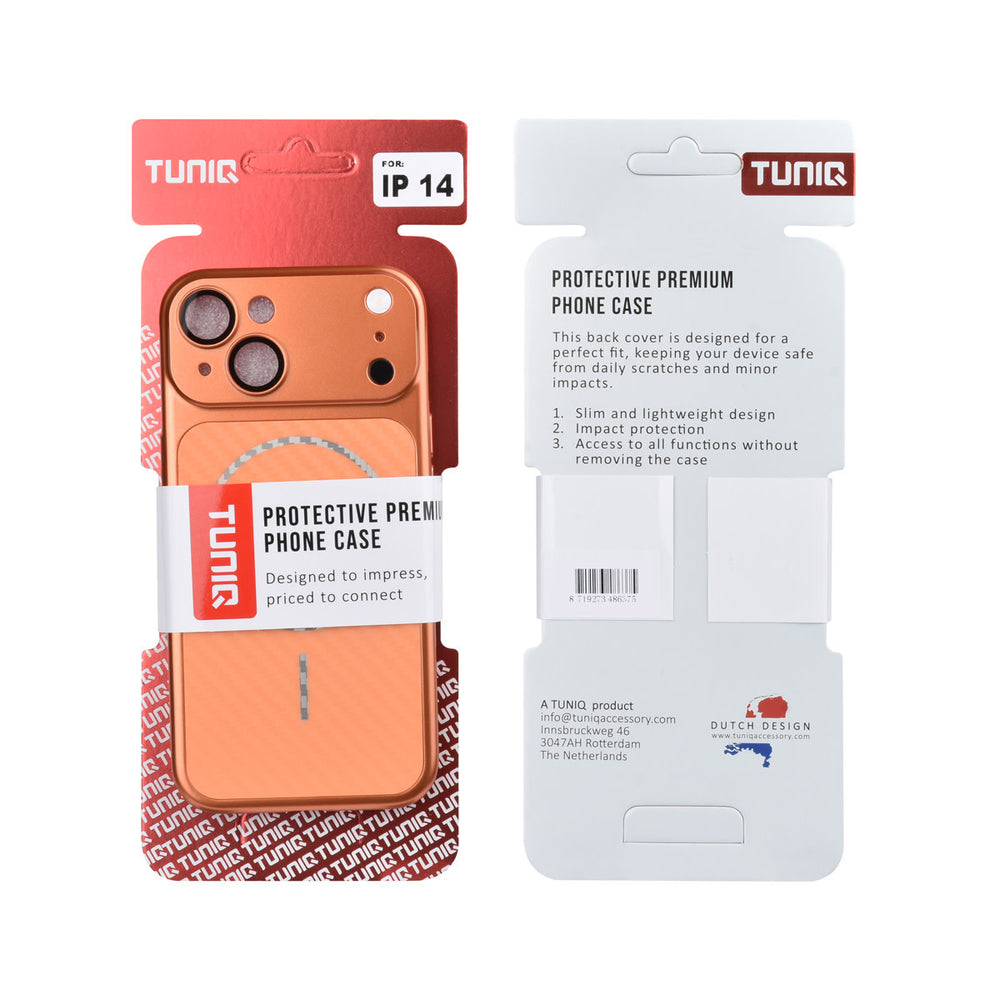 Voor- en achterkant van verpakking van oranje TUNIQ telefoonhoesje met diagonaal patroon en ring