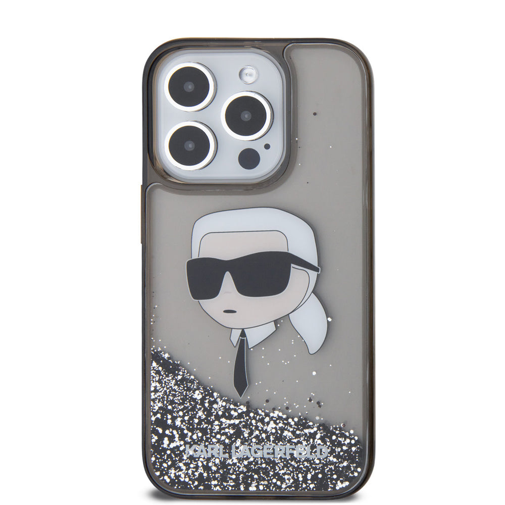 Transparant Karl Lagerfeld telefoonhoesje met zilverkleurige glitters en Karl-hoofd, van achteren