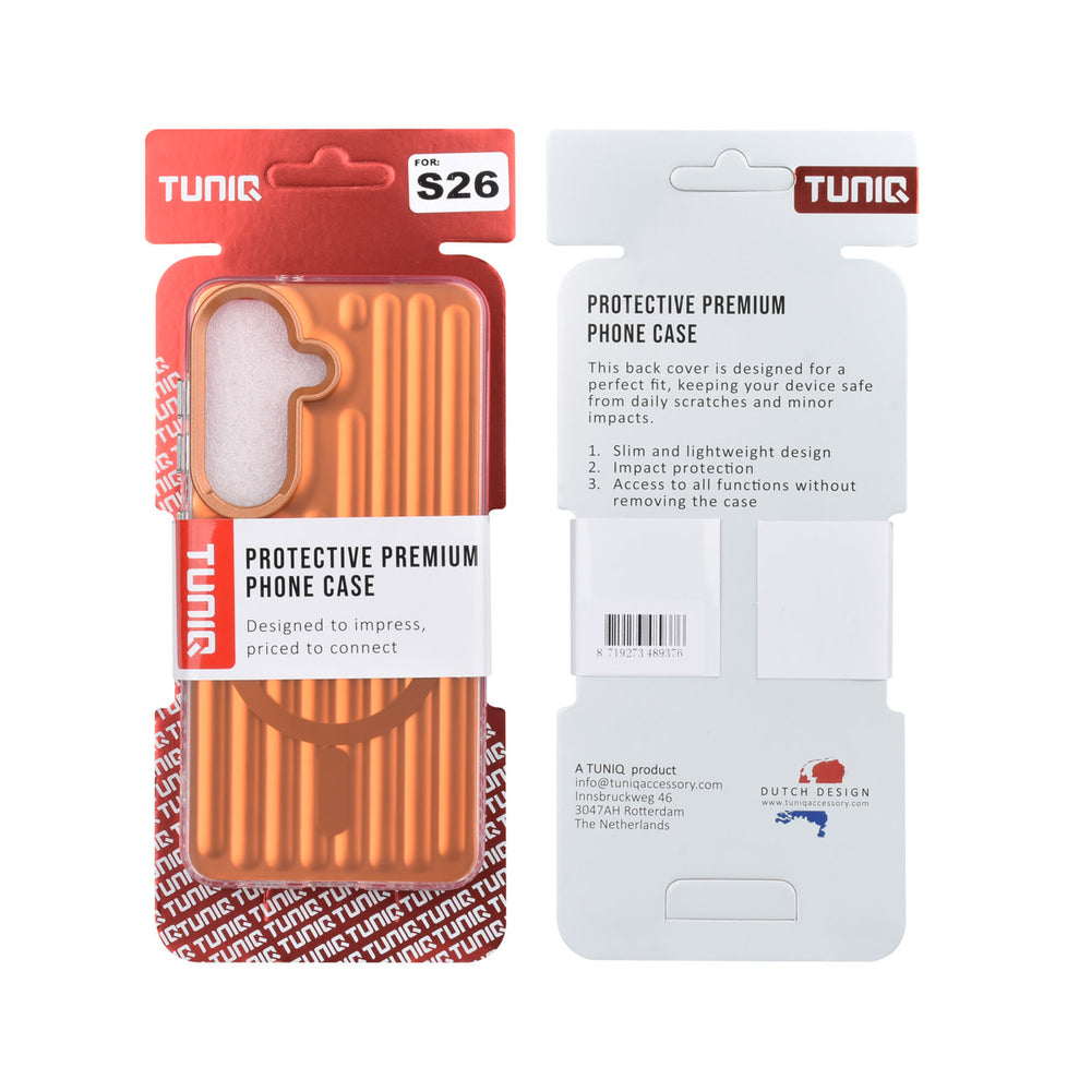 Voor- en achterkant van verpakking van oranje TUNIQ telefoonhoesje met verticale ribbels en ring