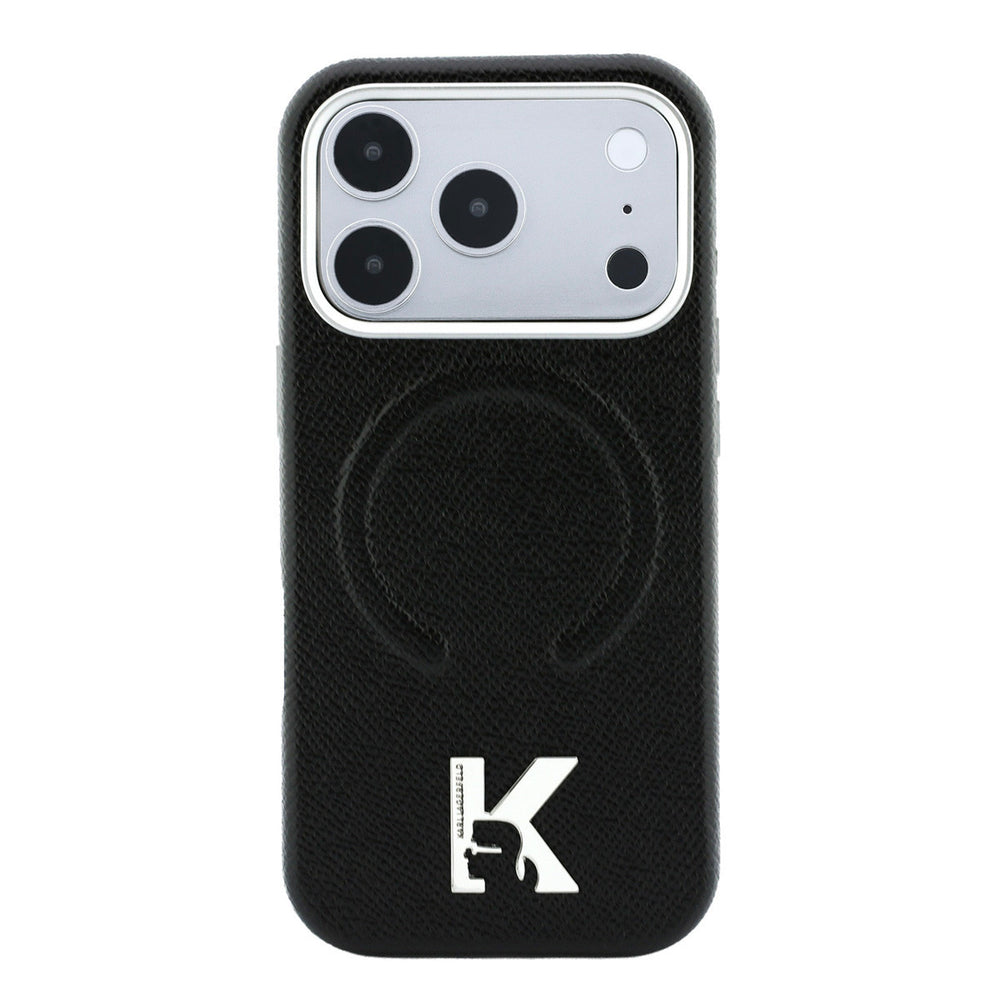 Zwart Karl Lagerfeld telefoonhoesje met ingedrukt ringpatroon en K-logo, van achteren