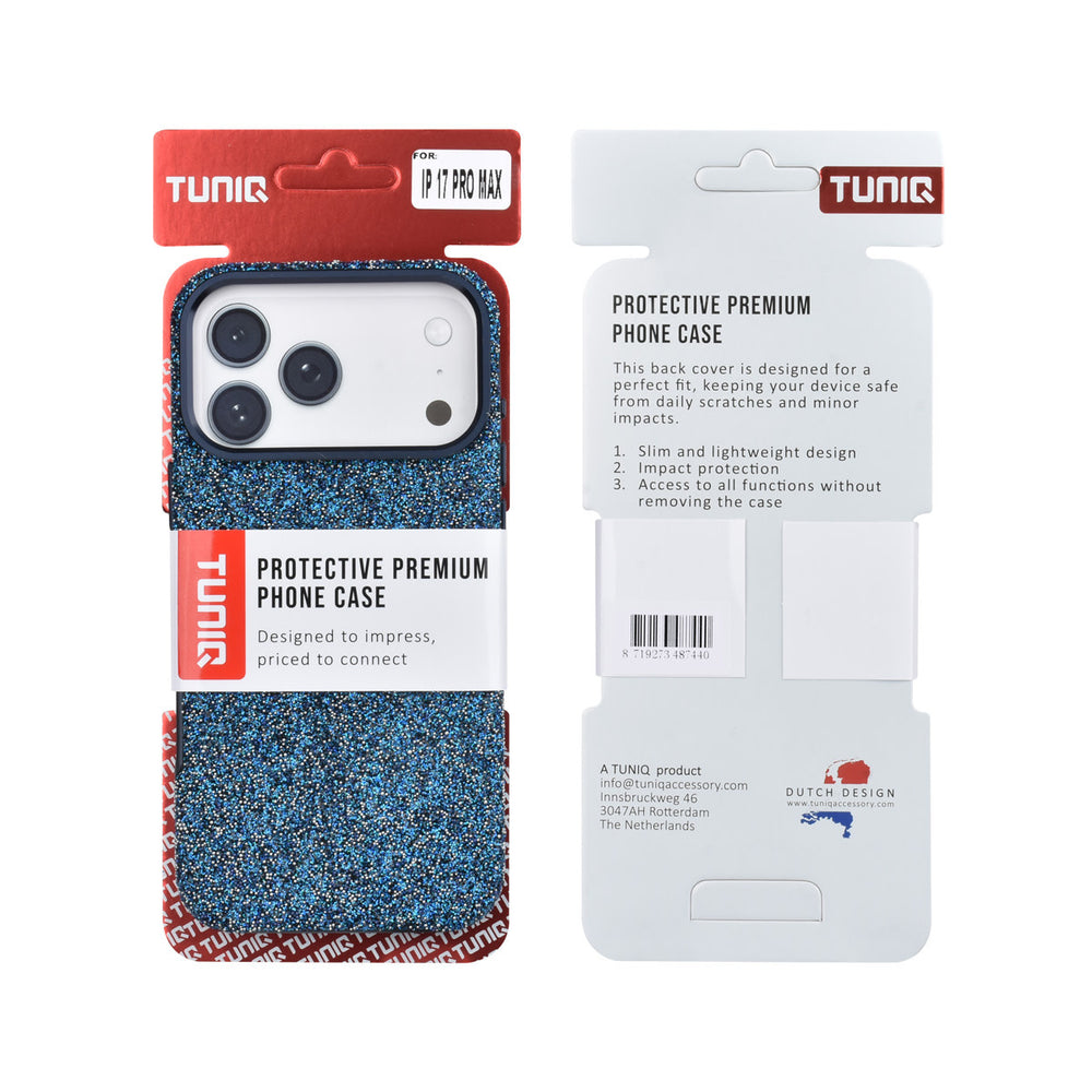 Voor- en achterkant van verpakking van blauw TUNIQ telefoonhoesje met glitters