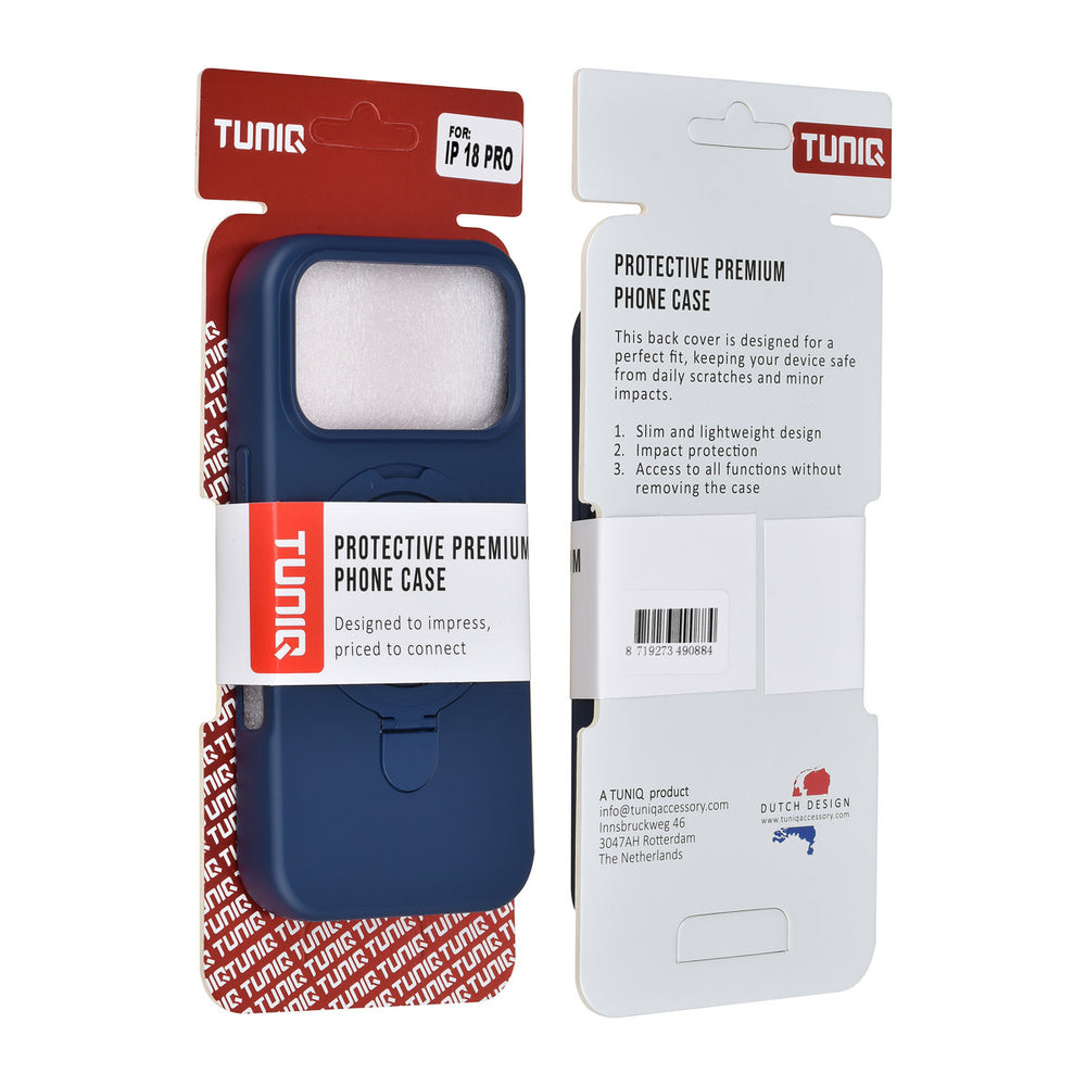 Voor- en achterkant van verpakking van donkerblauw TUNIQ telefoonhoesje met ringstandaard