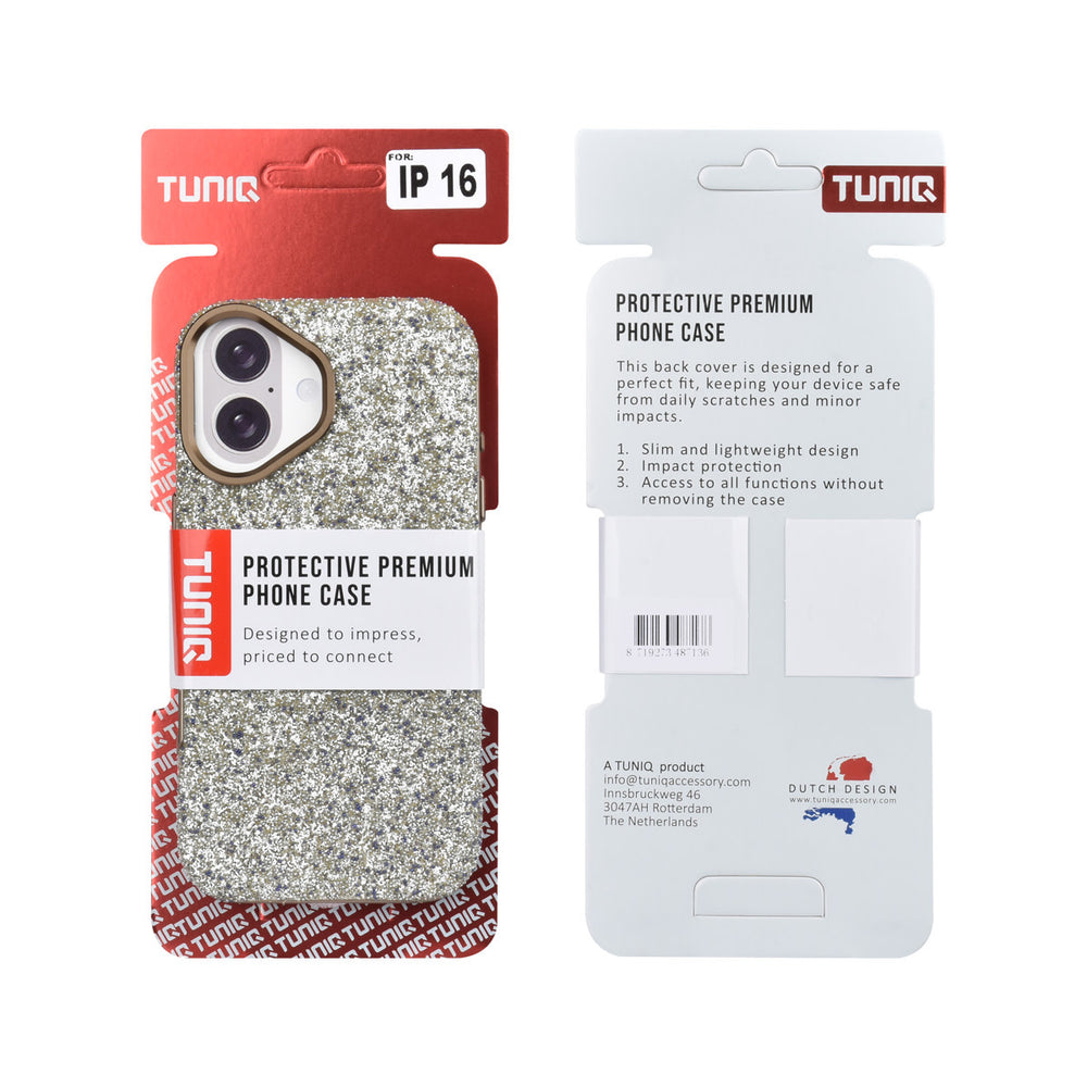 Voor- en achterkant van verpakking van tUNIQ telefoonhoesje met lichte glitters en goudkleurige rand