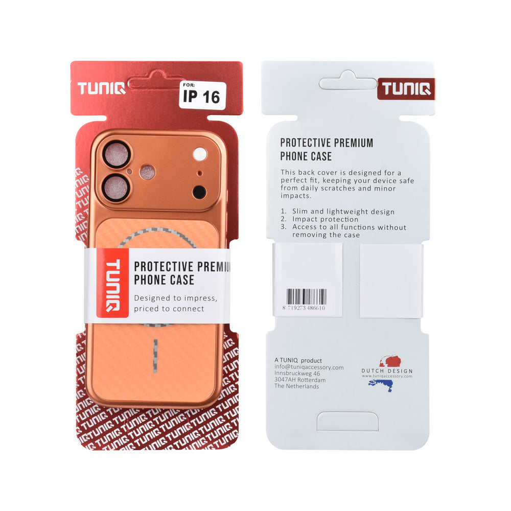 Voor- en achterkant van verpakking van oranje TUNIQ telefoonhoesje met diagonaal patroon en ring