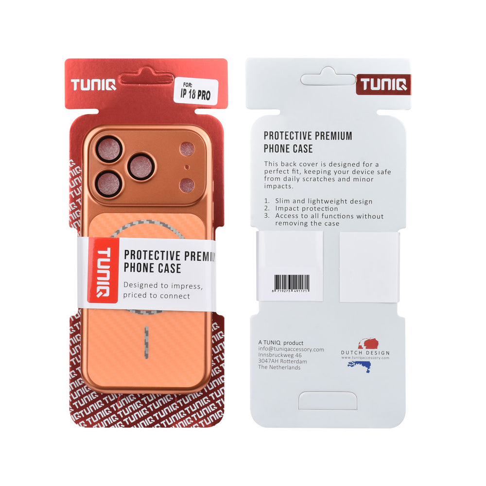 Voor- en achterkant van verpakking van oranje TUNIQ telefoonhoesje met diagonaal patroon en ring