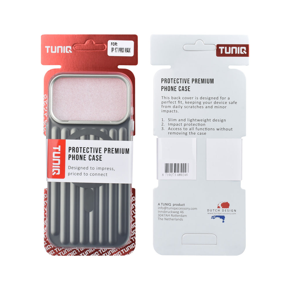 Voor- en achterkant van verpakking van zwart TUNIQ telefoonhoesje met verticale ribbels en ring