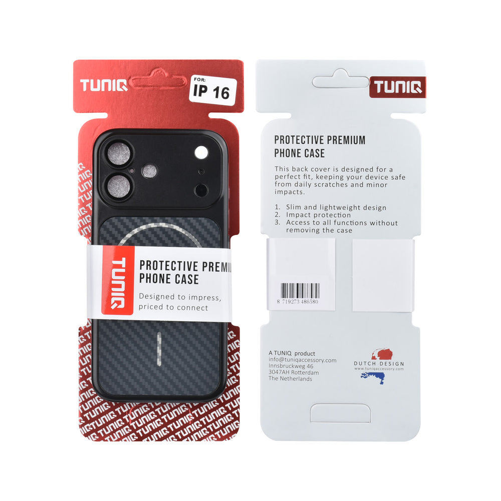 Voor- en achterkant van verpakking van zwart TUNIQ telefoonhoesje met diagonaal patroon en ring