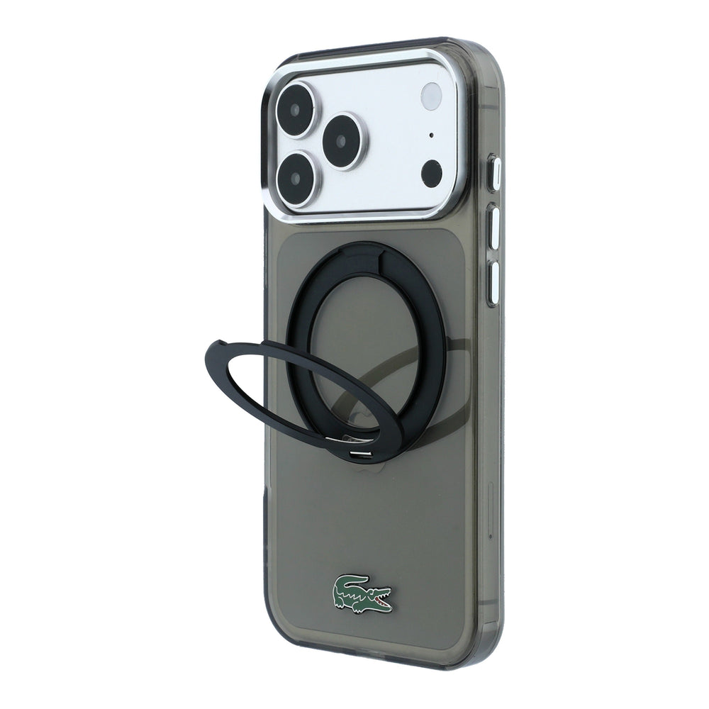 Grijs Lacoste telefoonhoesje met uitgeklapte ringstandaard