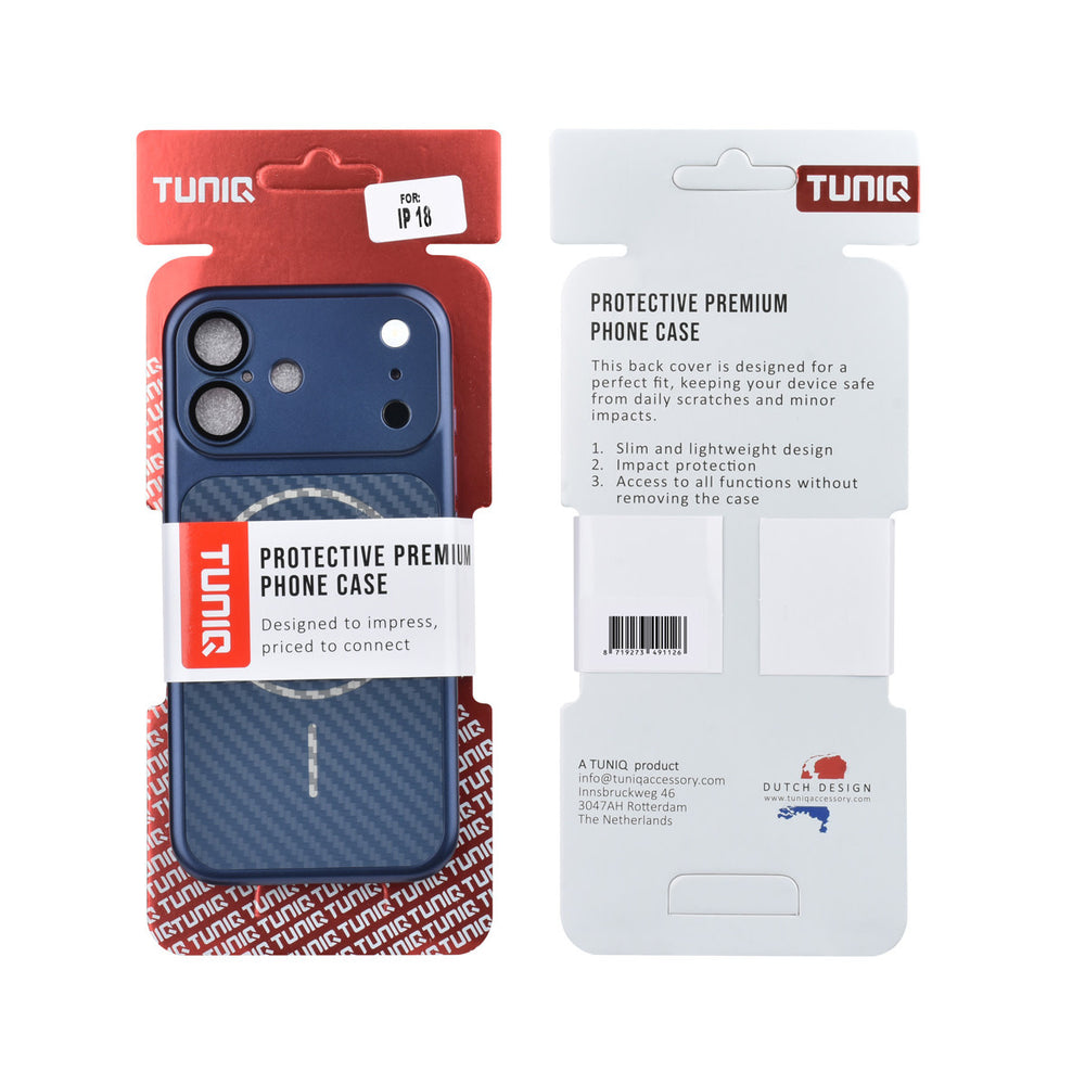 Voor- en achterkant van verpakking van blauw TUNIQ telefoonhoesje met diagonaal patroon en ring