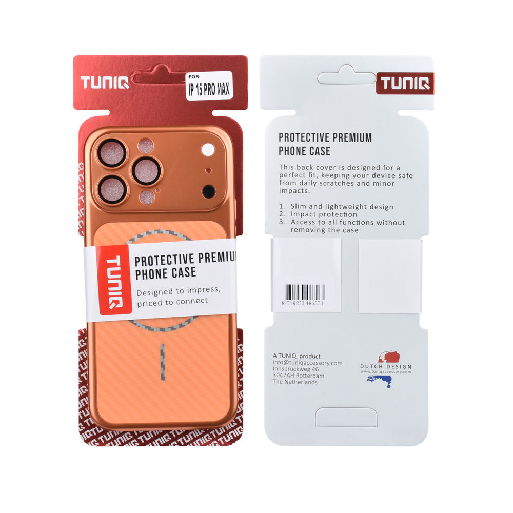 Voor- en achterkant van verpakking van oranje TUNIQ telefoonhoesje met diagonaal patroon en ring