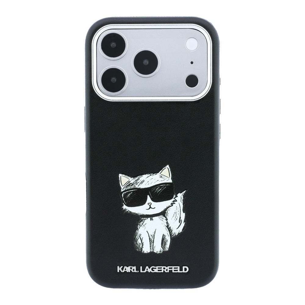 Zwart Karl Lagerfeld telefoonhoesje met figuur van Choupette, van achteren