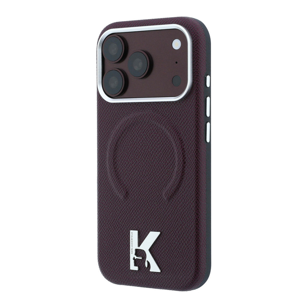 Bordeauxkleurig Karl Lagerfeld telefoonhoesje met ingedrukt ringpatroon en K-logo, vanaf de andere zijkant
