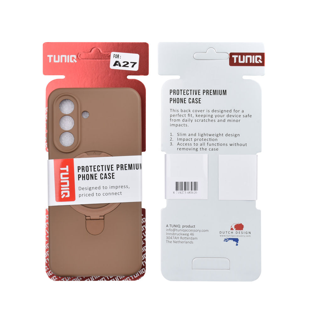 Voor- en achterkant van verpakking van bruin TUNIQ telefoonhoesje met ringstandaard