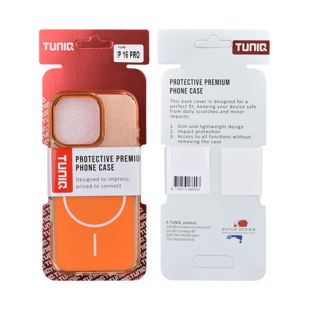 Voor- en achterkant van verpakking van oranje TUNIQ telefoonhoesje met witte ring